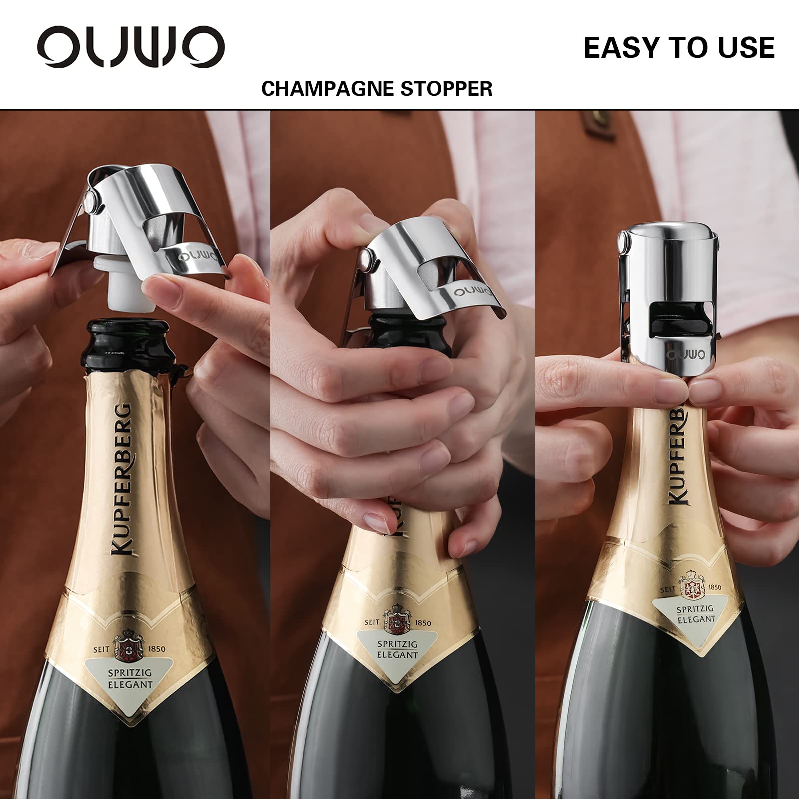 OUWO Champagne Stopper 6 Pack Stainless Steel Champagne Save with Food Grade Silicone，Leak-Proof Bubble Retaining Saver，Suitable for Champagne Prosecco Cava and Sparkling (Silver)