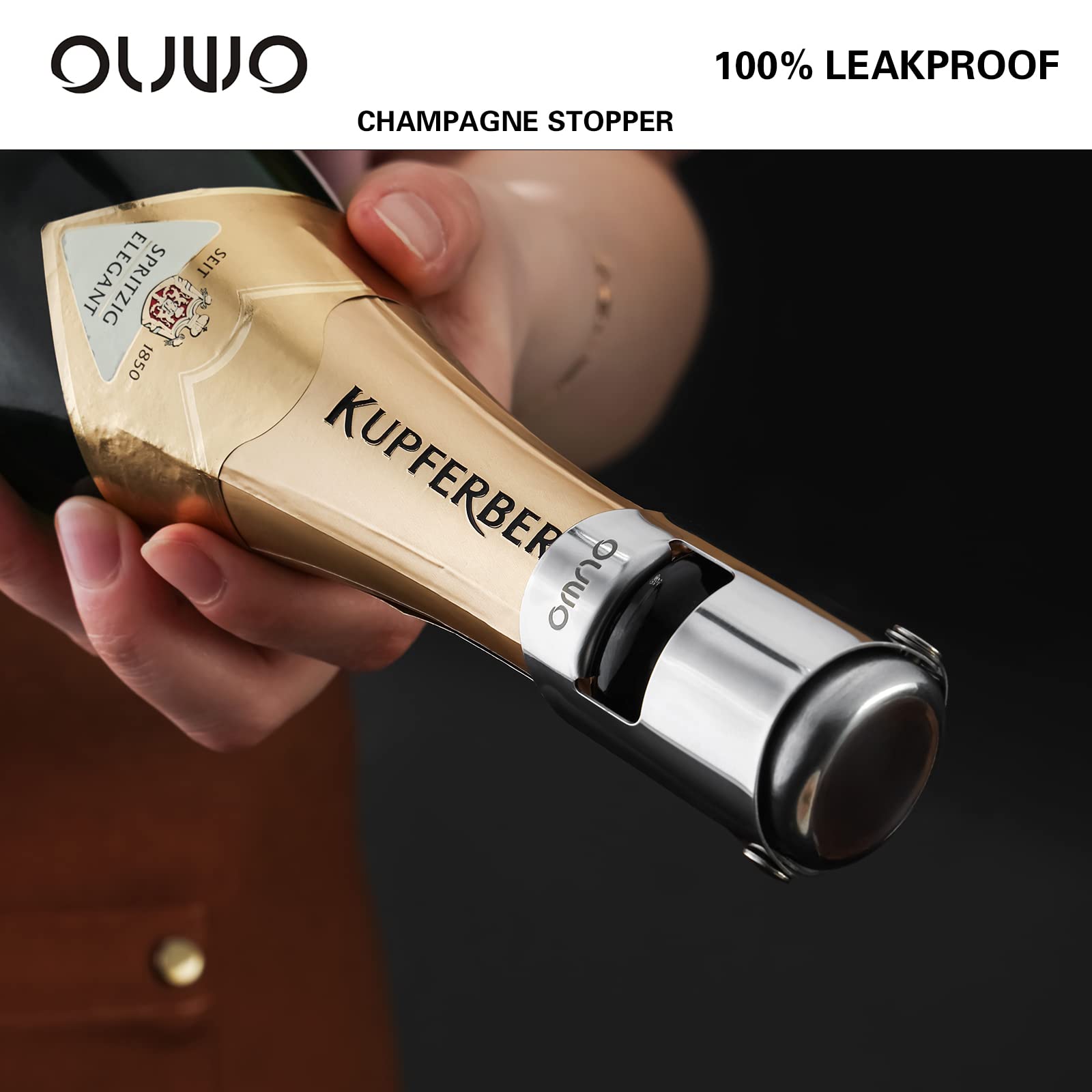 OUWO Champagne Stopper 6 Pack Stainless Steel Champagne Save with Food Grade Silicone，Leak-Proof Bubble Retaining Saver，Suitable for Champagne Prosecco Cava and Sparkling (Silver)