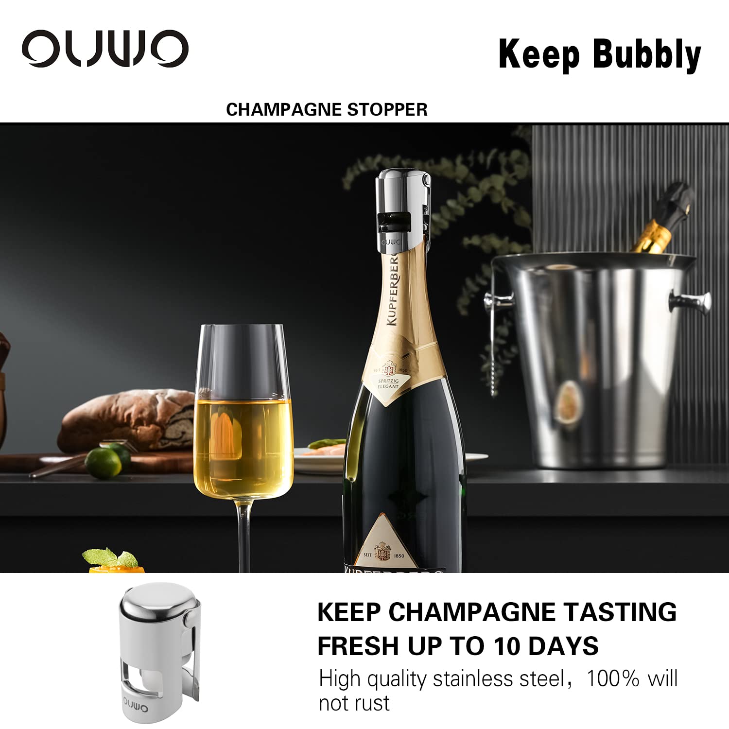 OUWO Champagne Stopper 6 Pack Stainless Steel Champagne Save with Food Grade Silicone，Leak-Proof Bubble Retaining Saver，Suitable for Champagne Prosecco Cava and Sparkling (Silver)