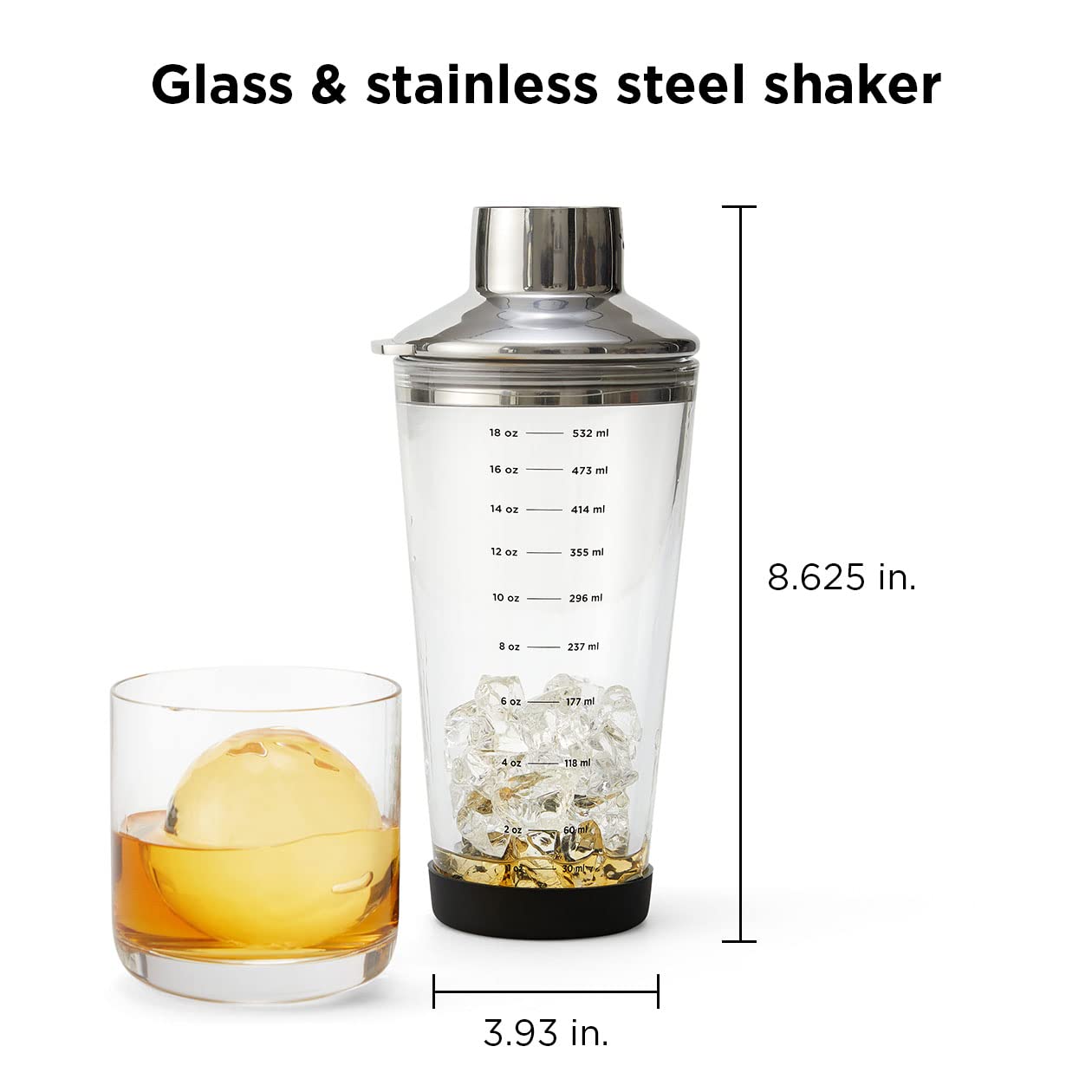 Rabbit 18 oz Glass Cocktail Shaker with Printed Measurements, Multi-Use Stainless Steel Topper with 1.5 oz Jigger Cap and Strainer, 3.94 x 3.54 x 9.06 IN