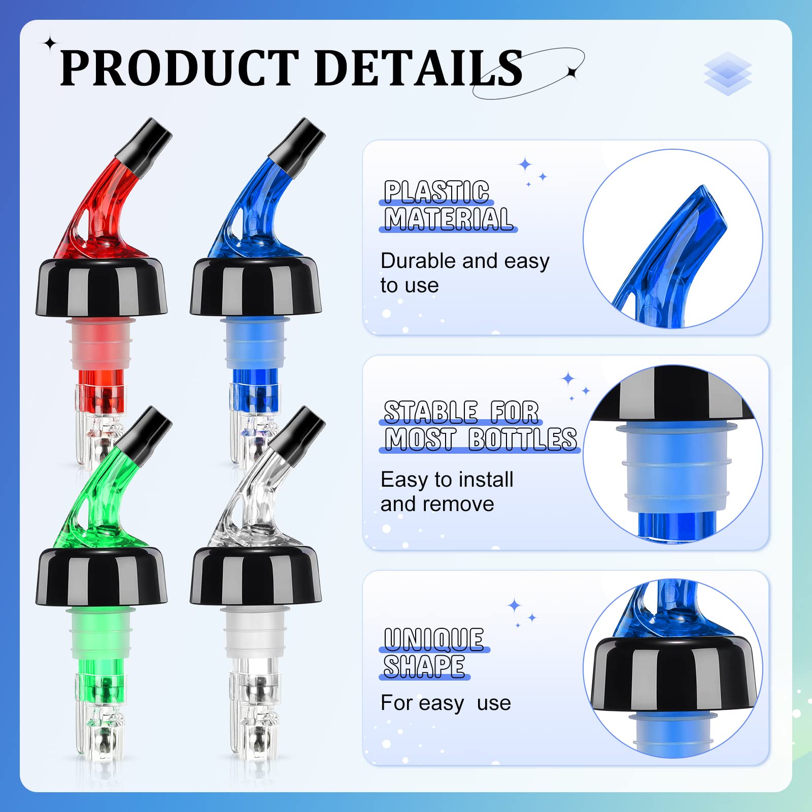 Automatic Measured Bottle Pourer Liquor Measure Pourer Quick Shot Dispenser 1.5 oz Measured Wine Pourers for Home Bar Kitchen Tools (White, Red, Blue, Green, 12 Pack)