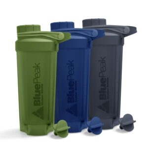 bluepeak protein shaker bottle 28 oz with twist cap, strong loop top, bpa free, dishwasher safe, shaker balls included - on-the-go large protein shakers (3 pack - green, blue, gray)