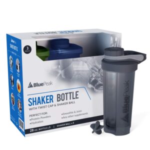 BluePeak Protein Shaker Bottle 28 oz with Twist Cap, Strong Loop Top, BPA Free, Dishwasher Safe, Shaker Balls Included - On-The-Go Large Protein Shakers (3 Pack - Green, Blue, Gray)