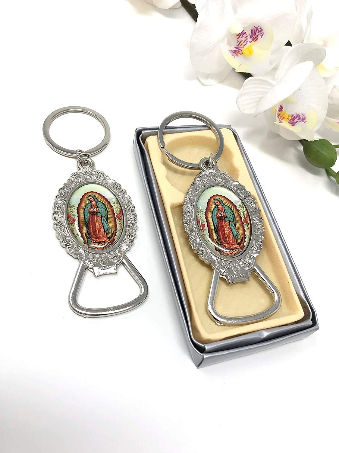 Virgen de Guadalupe Bottle Opener Keychain Baptism Party Favors Bautizo First Communion Memory Gift Silver Keychains With Bottle Opener/Recuerdos De Mi Bautizo/Primera Comunion Nuestra - 12PCS