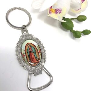 Virgen de Guadalupe Bottle Opener Keychain Baptism Party Favors Bautizo First Communion Memory Gift Silver Keychains With Bottle Opener/Recuerdos De Mi Bautizo/Primera Comunion Nuestra - 12PCS