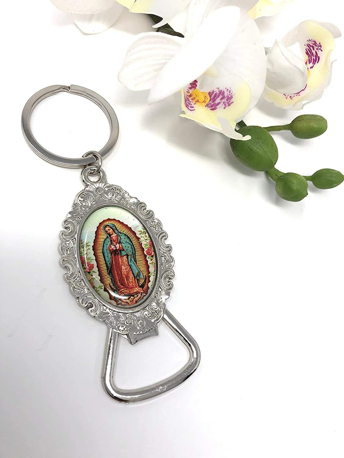 Virgen de Guadalupe Bottle Opener Keychain Baptism Party Favors Bautizo First Communion Memory Gift Silver Keychains With Bottle Opener/Recuerdos De Mi Bautizo/Primera Comunion Nuestra - 12PCS