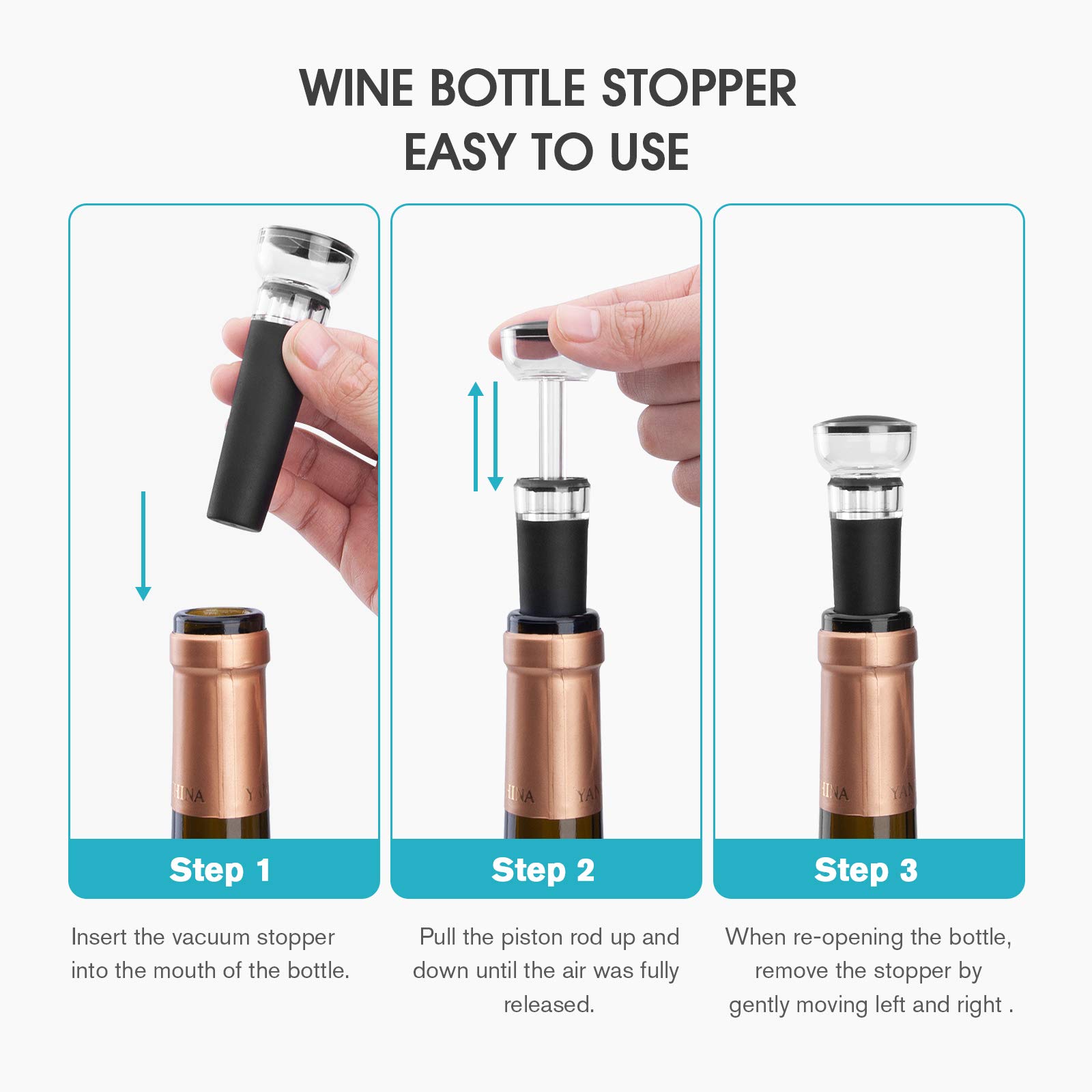 mafiti Set of 4 Wine Stoppers, Wine Bottle Stopper with Built-in Vacuum Wine Saver Pump Food-safe Silicone Caps, Keep Wine Fresh Up to a Week