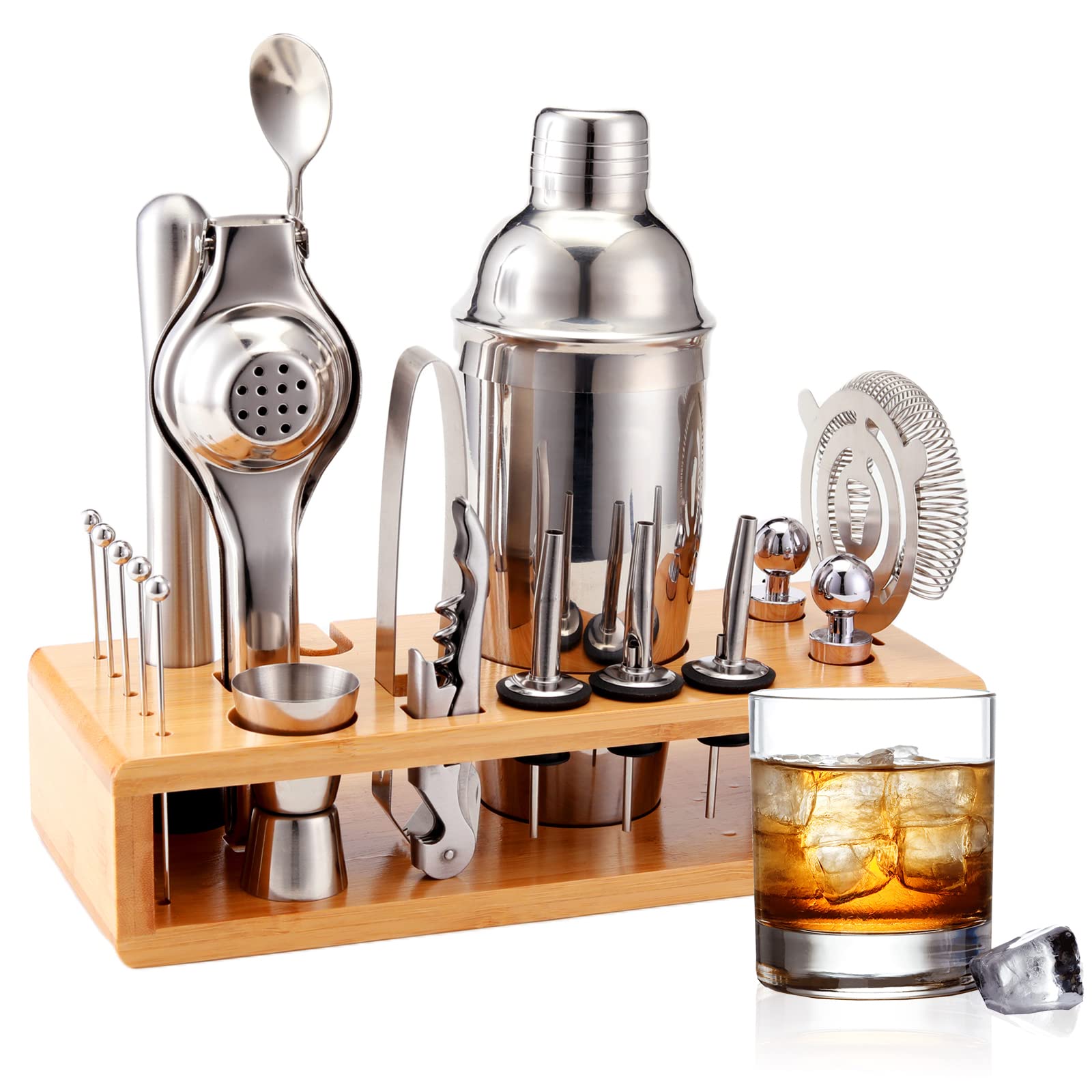 Mixology Bartender Kit: 20-Piece Bar Tool Set with Bamboo Stand, Martini Cocktail Shaker Set, Home Bartending Kit for Cool Drink Mixing Experience, Housewarming Gift