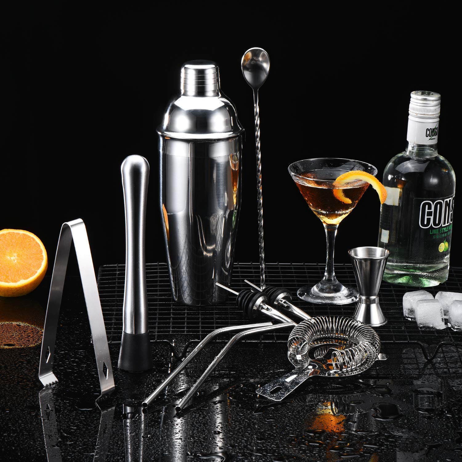 Cocktail Set 9 Piece, 25oz Bartender Kit, Bar Set with Hawthorne Strainer/Ice Tong/Measuring Jigger/Mixing Spoon/Cocktail Muddler / 2 Liquor Pourers