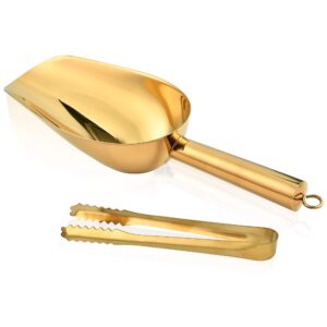 stainless steel ice scoop and ice tongs, akamino small round bottom bar ice flour utility scoop & buffet clip kitchen bar bbq party wedding, gold