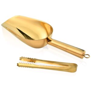 Stainless Steel Ice Scoop and Ice Tongs, Akamino Small Round Bottom Bar Ice Flour Utility Scoop & Buffet Clip Kitchen Bar BBQ Party Wedding, Gold