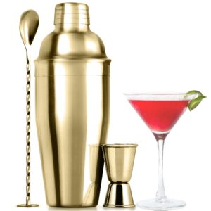 large 24 oz stainless steel cocktail shaker set - mixed drink shaker - martini shaker set with built in strainer, double sided jigger & combo muddler mixing spoon - pro margarita shaker - by zulay