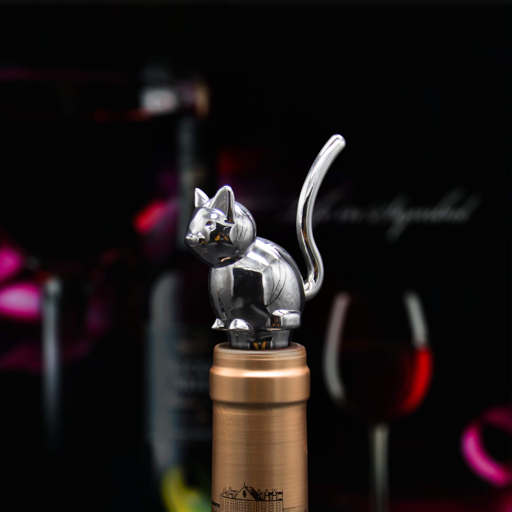 Funny Stainless Steel Wine Stopper Cat Wine Stopper for Wine Bottle Cute, Cat Bottle Stopper for Wine Lovers Valentine's Day Decorative Cat Bottle Stopper with Silicone Rubber Fitting