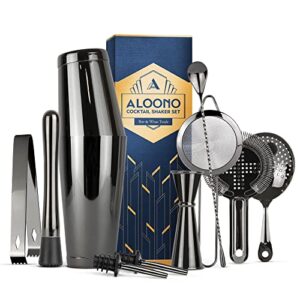 aloono 11-piece black boston cocktail shaker set bartender kit | drink mixer bar set | cocktail set bar accessories: martini shaker, strainer, jigger, muddler, spoon, & more