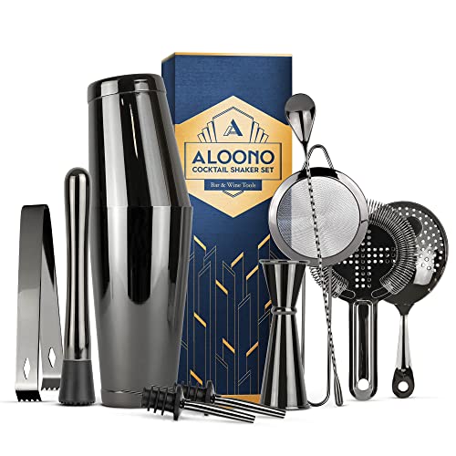 ALOONO 11-Piece Black Boston Cocktail Shaker Set Bartender Kit | Drink Mixer Bar Set | Cocktail Set Bar Accessories: Martini Shaker, Strainer, Jigger, Muddler, Spoon, & More