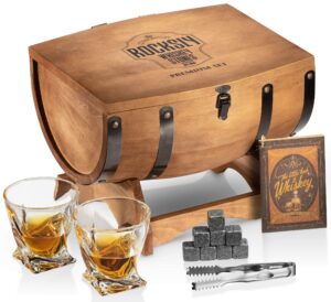 rocksly whiskey stones gift set for men in whiskey half barrel gift box | 8 whiskey rocks, 2 whiskey glasses in a whiskey box gift set | granite bourbon stones | whiskey kit for men: dad, boyfriend