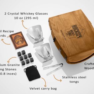 ROCKSLY Whiskey Stones Gift Set for Men in Whiskey Half Barrel Gift Box | 8 Whiskey Rocks, 2 Whiskey Glasses in a Whiskey Box Gift Set | Granite Bourbon Stones | Whiskey Kit for Men: Dad, Boyfriend