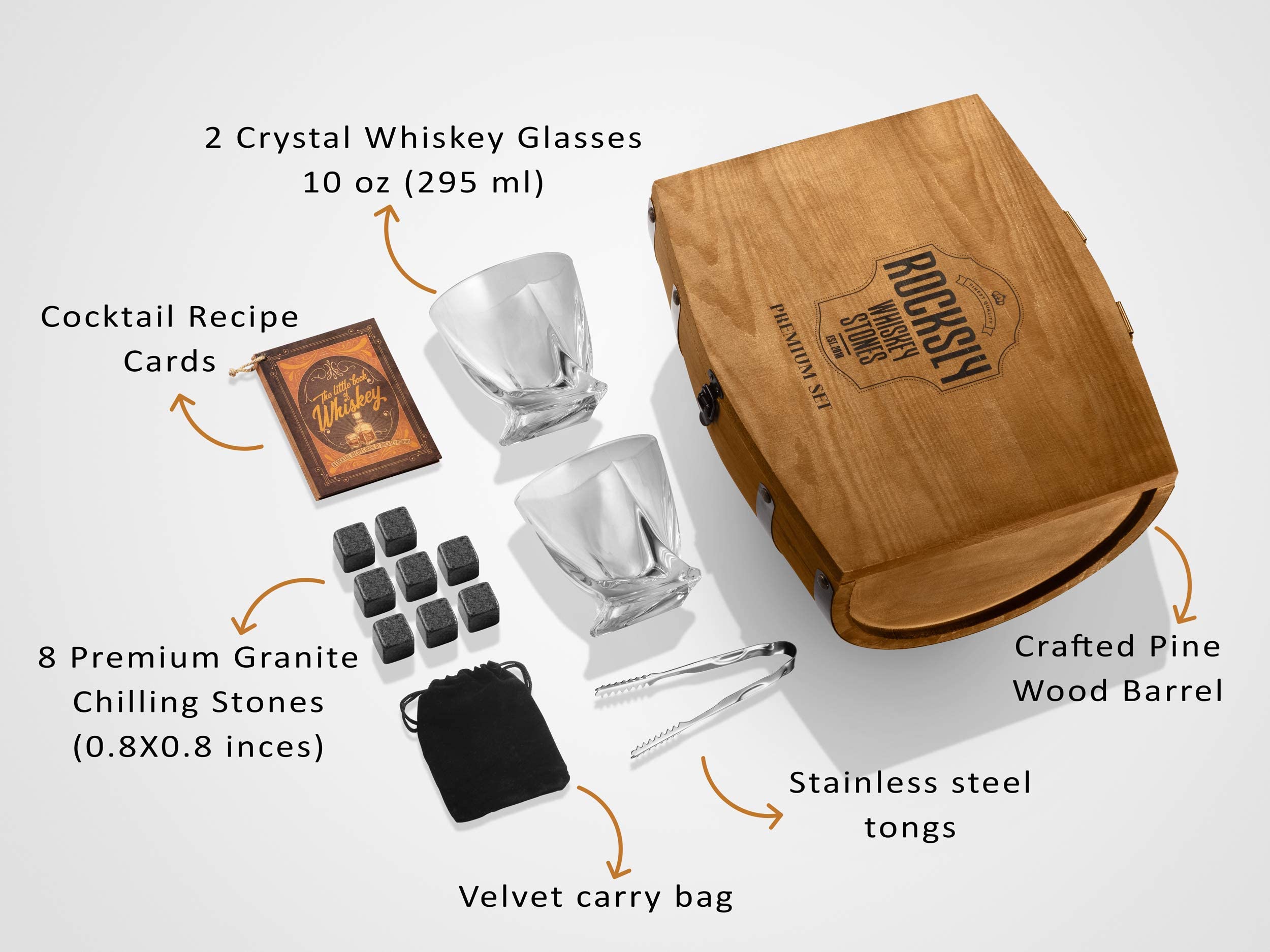 ROCKSLY Whiskey Stones Gift Set for Men in Whiskey Half Barrel Gift Box | 8 Whiskey Rocks, 2 Whiskey Glasses in a Whiskey Box Gift Set | Granite Bourbon Stones | Whiskey Kit for Men: Dad, Boyfriend