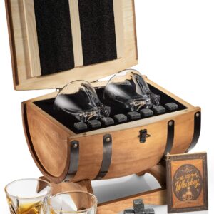 ROCKSLY Whiskey Stones Gift Set for Men in Whiskey Half Barrel Gift Box | 8 Whiskey Rocks, 2 Whiskey Glasses in a Whiskey Box Gift Set | Granite Bourbon Stones | Whiskey Kit for Men: Dad, Boyfriend