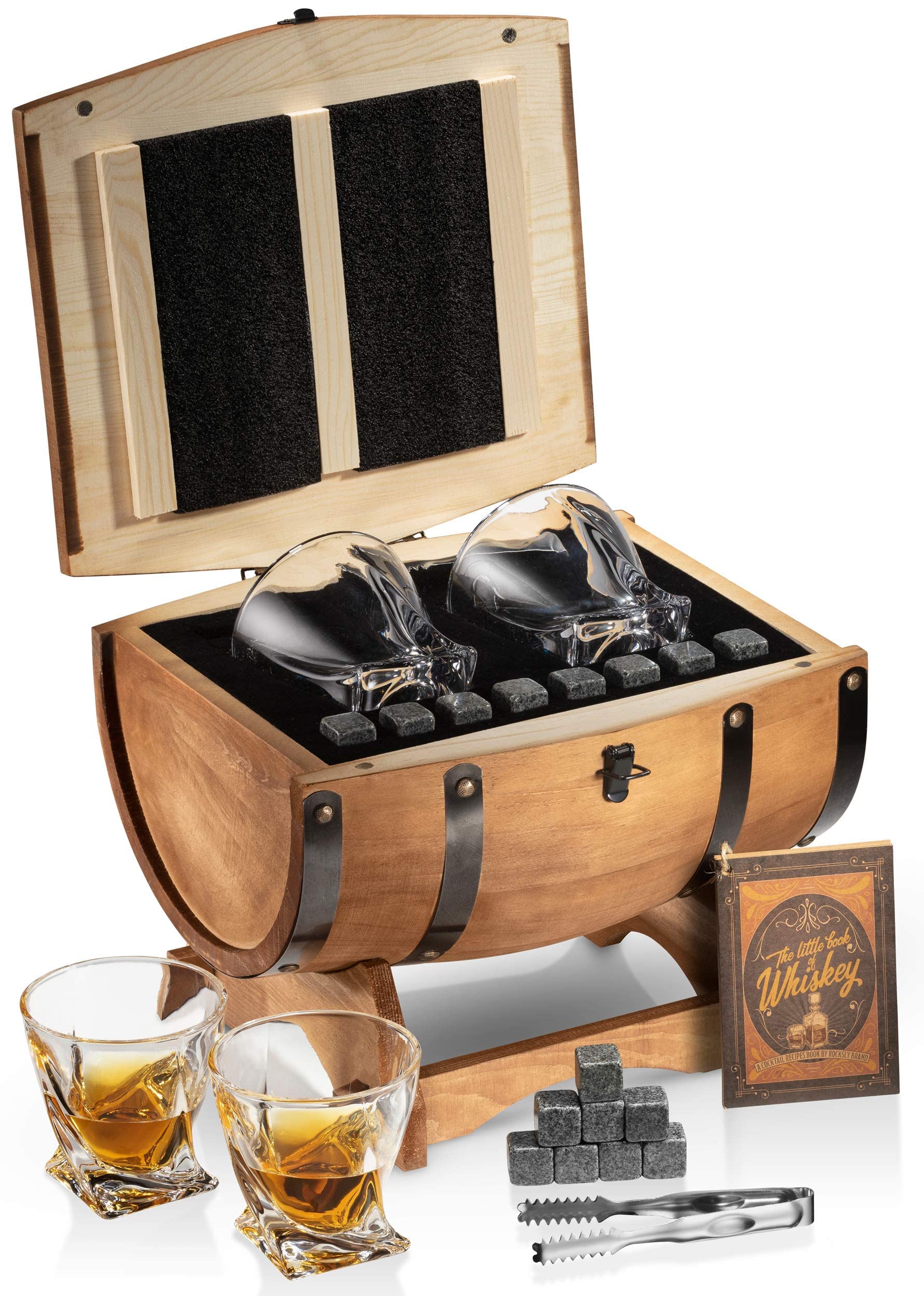 ROCKSLY Whiskey Stones Gift Set for Men in Whiskey Half Barrel Gift Box | 8 Whiskey Rocks, 2 Whiskey Glasses in a Whiskey Box Gift Set | Granite Bourbon Stones | Whiskey Kit for Men: Dad, Boyfriend