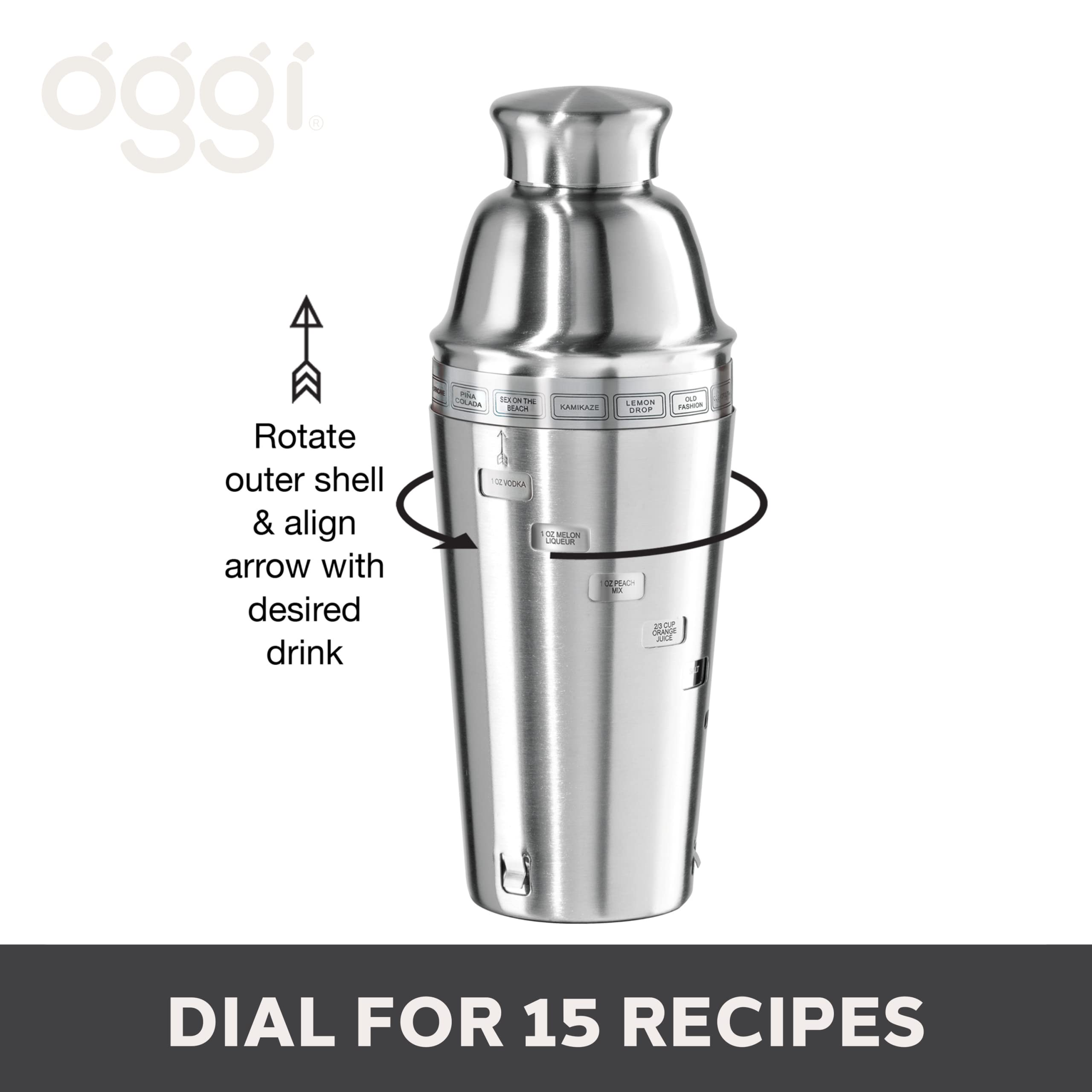 OGGI Dial A Drink Cocktail Shaker - Stainless Steel, 15 Recipes, Built in Strainer, 34 oz - The Original and Only Dial A Drink - Ideal Home Bar Drink Mixer, Bartender Kit, Essential Bar Accessories