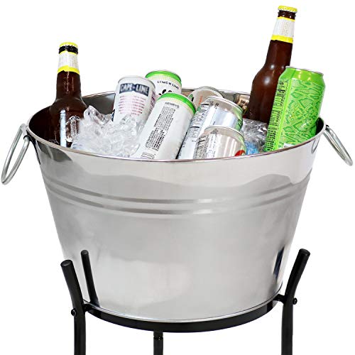 Sunnydaze Ice Bucket Drink Cooler with Stand and Tray - Stainless Steel - Holds Beer, Wine, Champagne and More