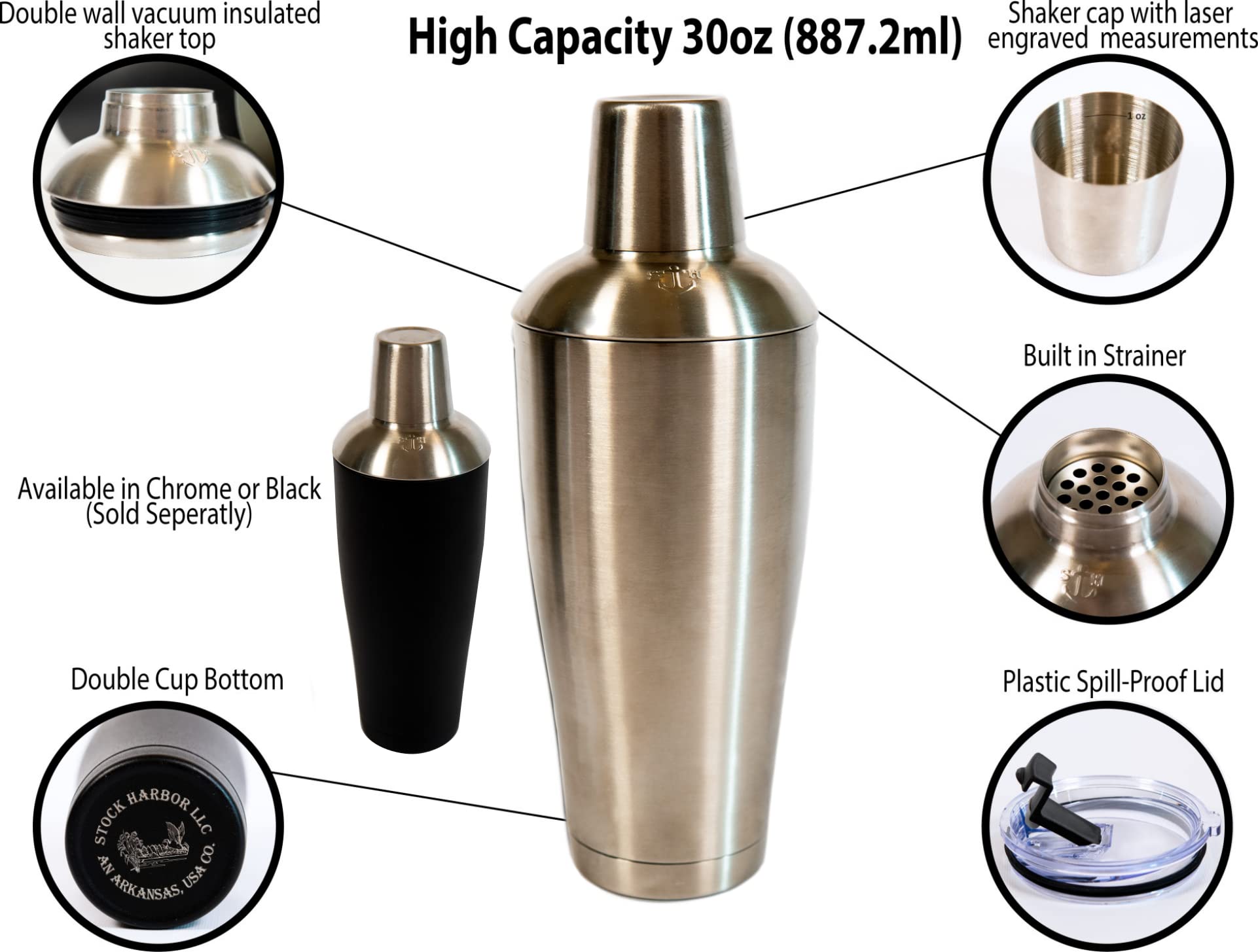 Stock Harbor Stainless Steel 30 Ounce (887 Milliliter) Double Wall Cocktail Shaker Vacuum Insulated Tumbler and Shaker Top; Matte Polished