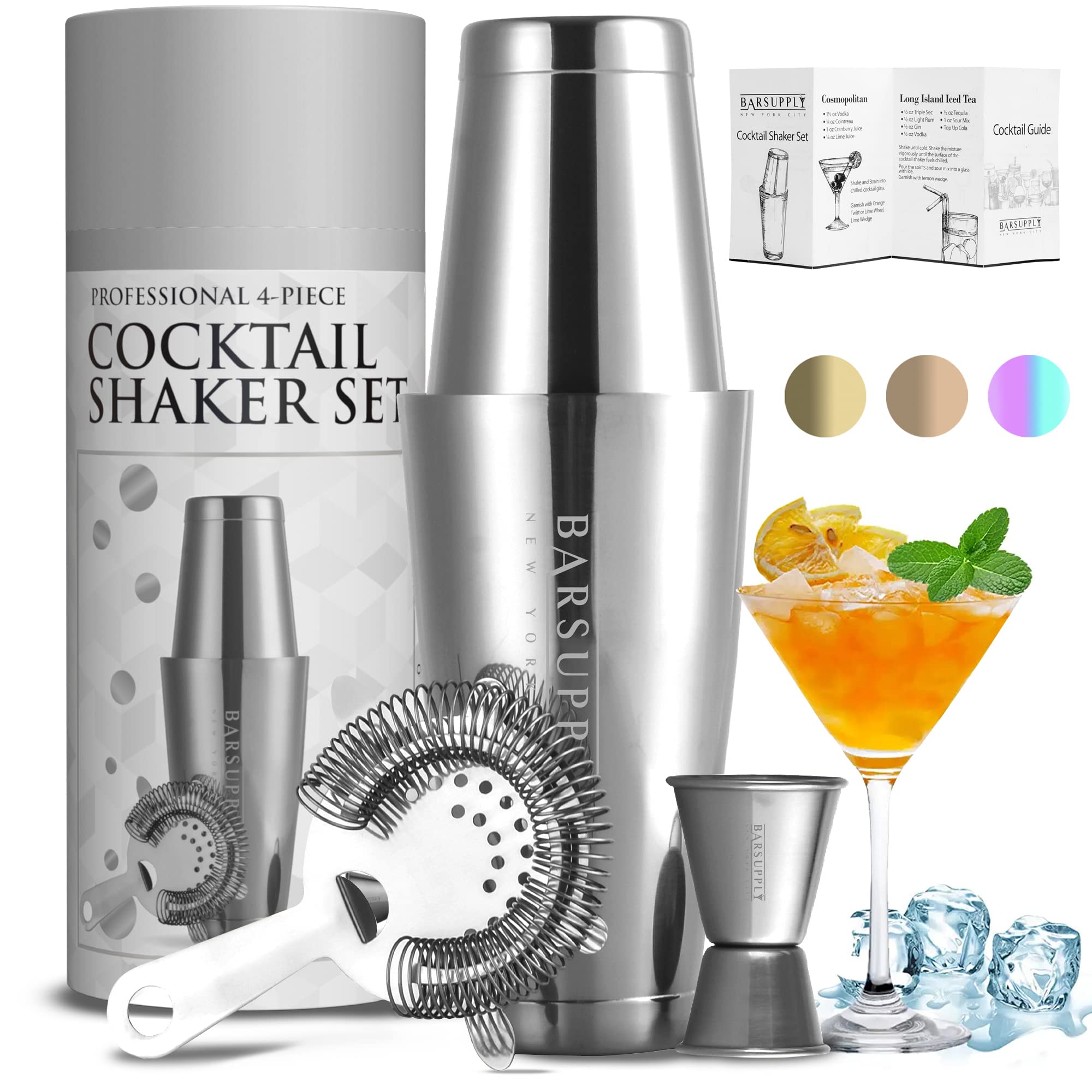 Professional Boston Cocktail Shaker Set | 4-Piece Bar Set | Stainless Steel 304 | 28oz/18oz Weighted Shaker Tins | Hawthorne Strainer | Double Sided Jigger | Recipe Booklet | Bartender Kit (Silver)