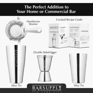 Professional Boston Cocktail Shaker Set | 4-Piece Bar Set | Stainless Steel 304 | 28oz/18oz Weighted Shaker Tins | Hawthorne Strainer | Double Sided Jigger | Recipe Booklet | Bartender Kit (Silver)