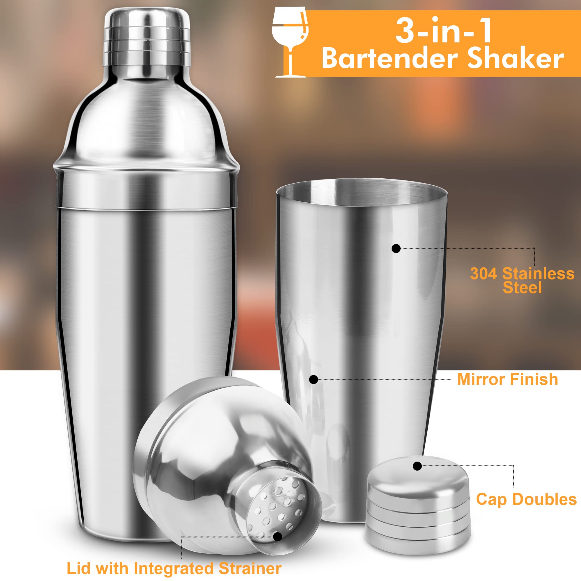 NewGF Cocktail Shaker, 25oz Martini Shaker Drink Shaker with Built In Strainer for Bartending, Stainless Steel Bar Shaker Large Bartender Shaker Margarita Mixer for Mixed Drinks