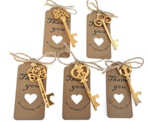 50pcs skeleton key bottle opener wedding party favor souvenir gift with escort tag and jute rope(golden tone,5 styles)