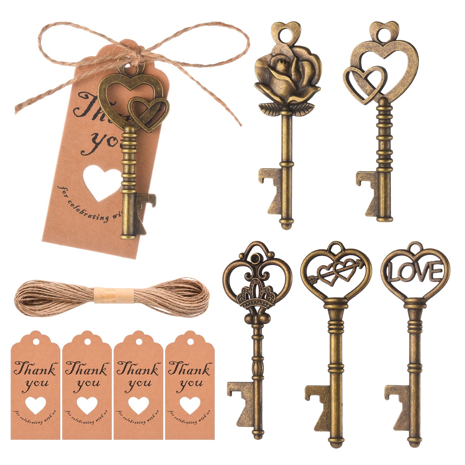 50PCS Key Bottle Openers,Vintage Key Bottle Opener,Wedding Favors&Reception Skeleton Bottle Opener with Blessing Tag Cards and Keychains Great Addition to You Thank Bags(bronze)