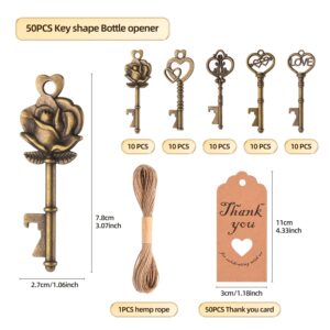 50PCS Key Bottle Openers,Vintage Key Bottle Opener,Wedding Favors&Reception Skeleton Bottle Opener with Blessing Tag Cards and Keychains Great Addition to You Thank Bags(bronze)