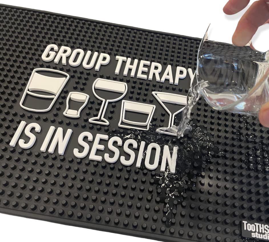 Group Therapy is In Session 17.7" x 11.8" Funny Bar Spill Mat Rail Countertop Accessory Home Pub Decor Slip Resistant Durable Thick Bar Covering for Craft Brewery Kitchen Cafe and Restaurant Accessory