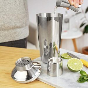 True Retro Cocktail Shaker, Stainless Steel with Strainer and Jigger for Bartending, Bar Accessories, Bartender Set, Perfect for Margarita and Liquor Drinks, 34 oz, Silver