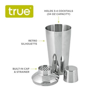 True Retro Cocktail Shaker, Stainless Steel with Strainer and Jigger for Bartending, Bar Accessories, Bartender Set, Perfect for Margarita and Liquor Drinks, 34 oz, Silver