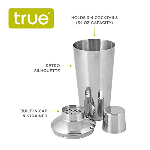 True Retro Cocktail Shaker, Stainless Steel with Strainer and Jigger for Bartending, Bar Accessories, Bartender Set, Perfect for Margarita and Liquor Drinks, 34 oz, Silver