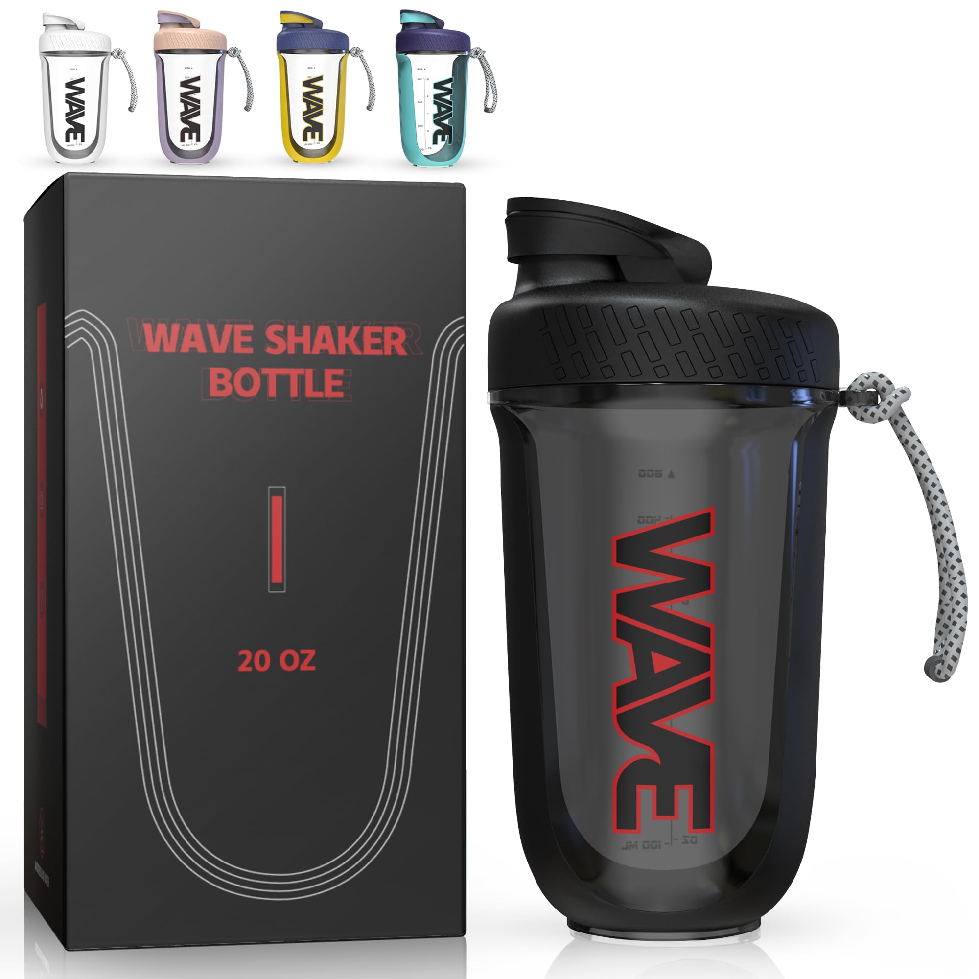 Wave Shaker Bottle 20oz | No Blender Ball Needed | Great For Pre Workout, Protein Shakes, and Cocktails | BPA Free | Rope Handle