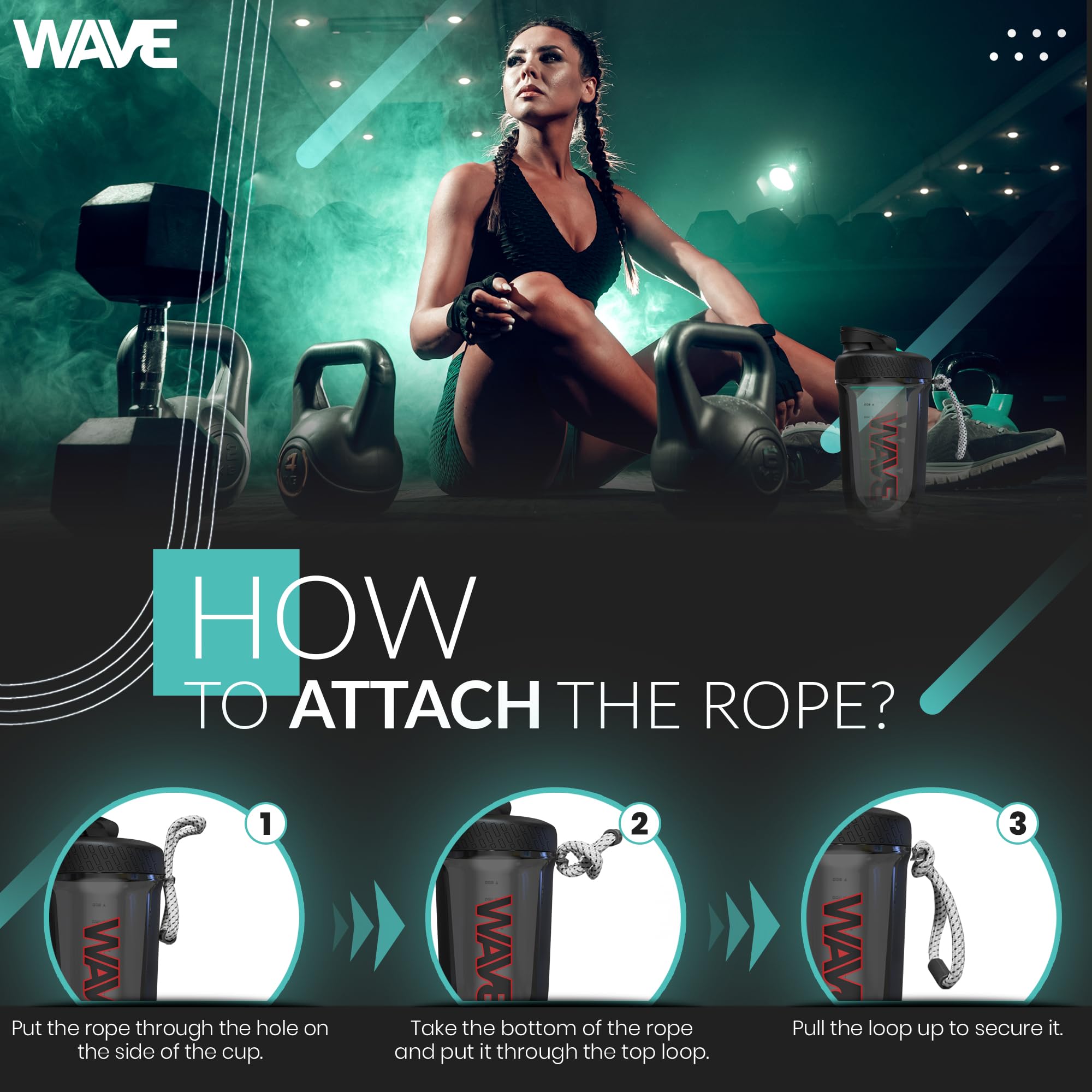 Wave Shaker Bottle 20oz | No Blender Ball Needed | Great For Pre Workout, Protein Shakes, and Cocktails | BPA Free | Rope Handle