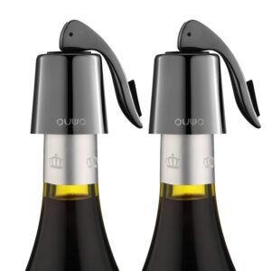 ouwo wine stopper stainless steel wine bottle stoppers plug with silicone wine toppers stopper reusable wine cork superior leak-proof keeps wine fresh best gift accessories metalblack 2 pack