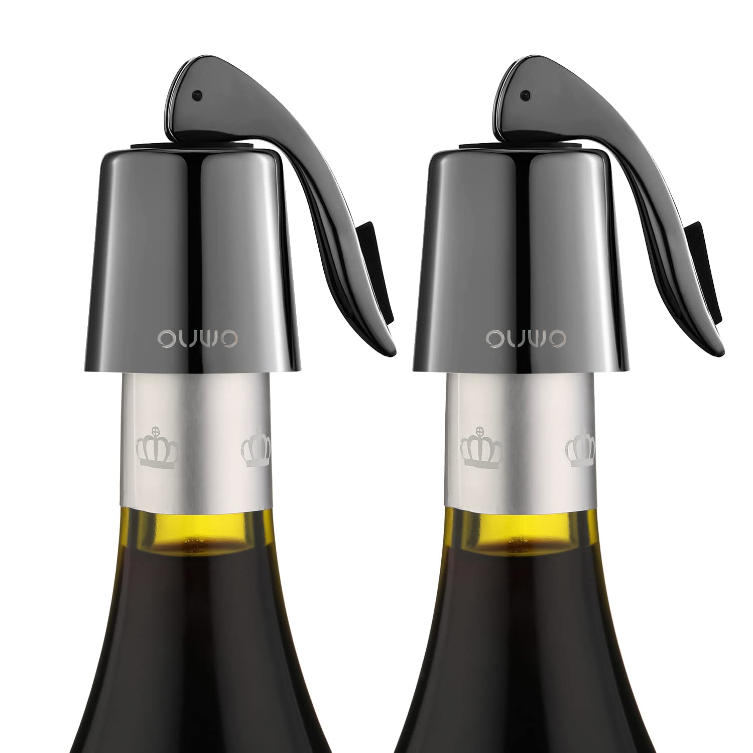 OUWO Wine Stopper Stainless Steel Wine Bottle Stoppers Plug with Silicone Wine Toppers Stopper Reusable Wine Cork Superior Leak-Proof Keeps Wine Fresh Best Gift Accessories Metalblack 2 pack