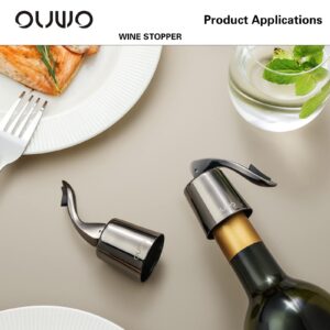 OUWO Wine Stopper Stainless Steel Wine Bottle Stoppers Plug with Silicone Wine Toppers Stopper Reusable Wine Cork Superior Leak-Proof Keeps Wine Fresh Best Gift Accessories Metalblack 2 pack