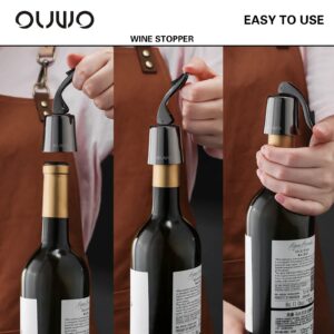 OUWO Wine Stopper Stainless Steel Wine Bottle Stoppers Plug with Silicone Wine Toppers Stopper Reusable Wine Cork Superior Leak-Proof Keeps Wine Fresh Best Gift Accessories Metalblack 2 pack