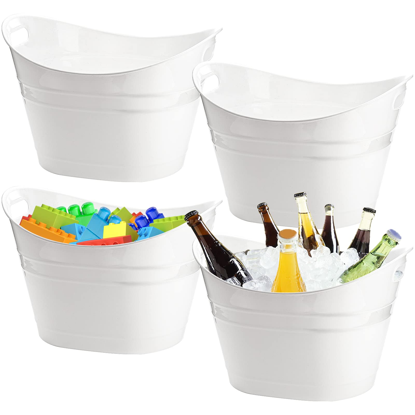 ZEAYEA 4 Pack Beverage Tub, 18L Plastic Beer Bottle Bucket with Handles, White Party Tub for Drinks, Plastic Ice Bucket for Wine Beer Bottle Cooler