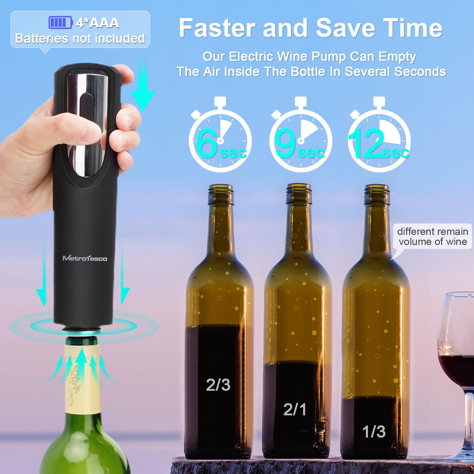 MetroTesco Electric Wine Preserver Vacuum Pump, Auto Wine Stopper Vacuum, Wine Saver Pump with 6 Wine Bottle Stoppers + 1 Foil Cutter, Gift Sets for Wine Lovers Keep Wine Fresh