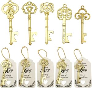 wodegift 50 pcs key bottle openers,bridal shower favors,rustic wedding favors,gifts,decorations or souvenirs for guests bulk,bridal shower party favors with card tag and chains (gold)