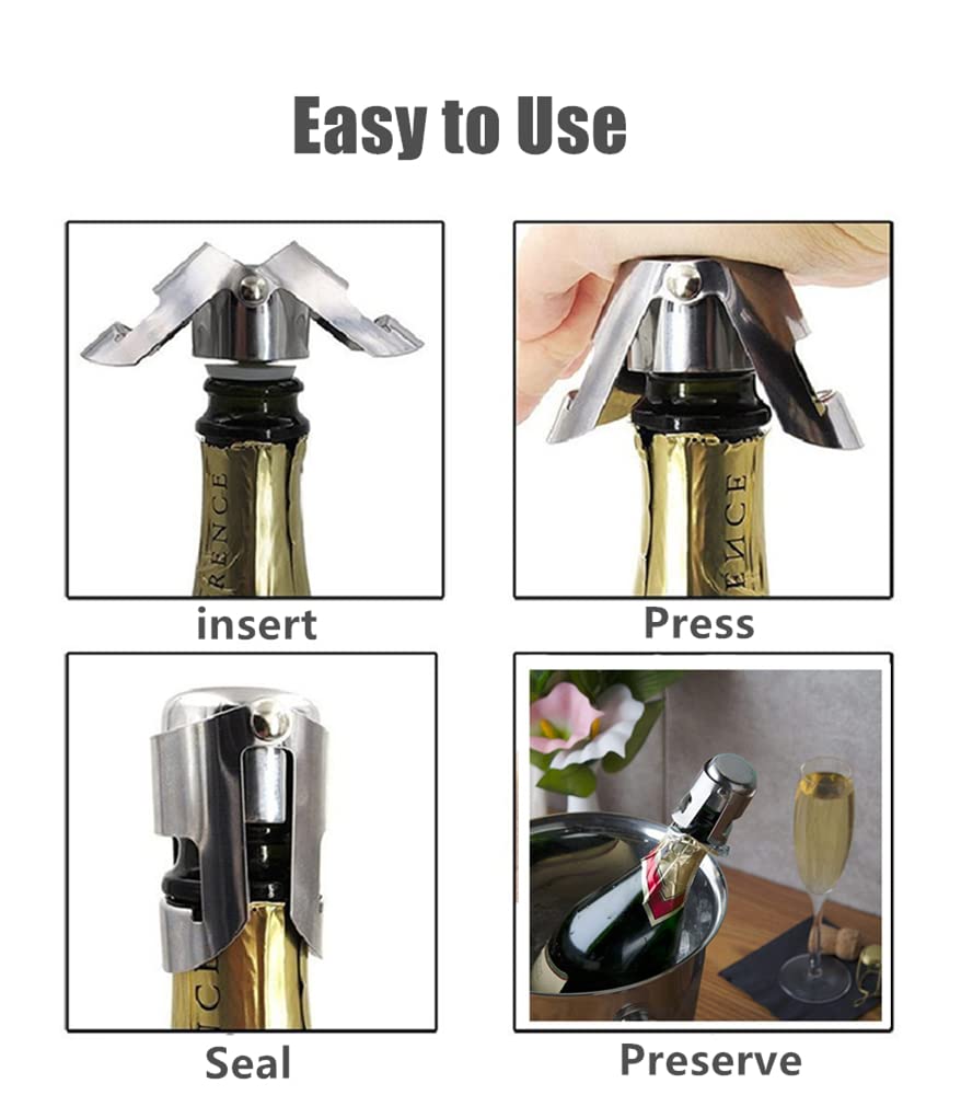 3 Pack Reusable Champagne Stoppers, Stainless Steel Wine Sparkling Bottle Cork Set with a Built In Sealing Plug,Sealer for Cava, Prosecco (Silver)