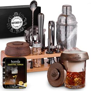 bartender kit with whiskey smoker - 13 pcs, pine stand - bar set with cocktail shaker, bartending kit with essential bar accessory tools, wood chips, matte