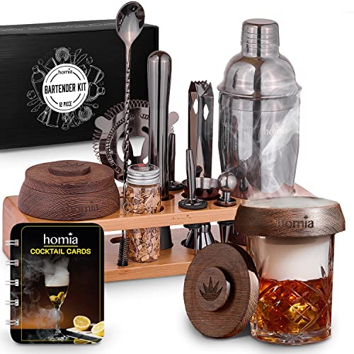 Bartender Kit with Whiskey Smoker - 13 pcs, Pine Stand - Bar Set with Cocktail Shaker, Bartending Kit with Essential Bar Accessory Tools, Wood Chips, Matte