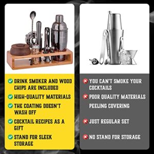 Bartender Kit with Whiskey Smoker - 13 pcs, Pine Stand - Bar Set with Cocktail Shaker, Bartending Kit with Essential Bar Accessory Tools, Wood Chips, Matte